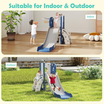 kinbor 6 in 1 Toddler Slide PlaySet - Indoor Outdoor Fun for Kids Ages 1-3, Includes Basketball Hoop, Telescope, Storage & Climber, Safe, Sturdy Baby Slide for Backyard Playground, Blue