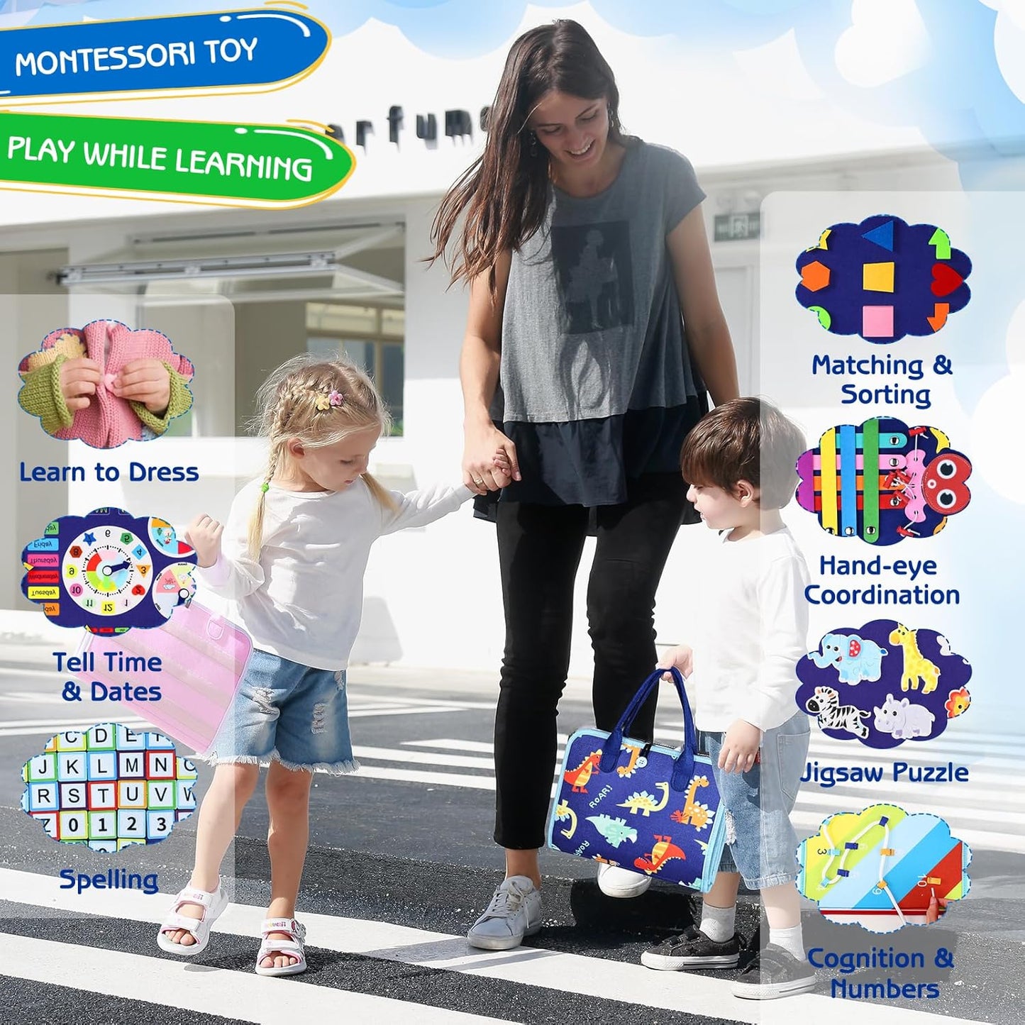 Esjay Toddler Busy Board Montessori Toys for Boys Girls, Sensory Book Educational Activities for Learning Fine Motor Skills, Birthday Gifts for Toddlers, Travel Toys for Airplane Car, White Dinosaur