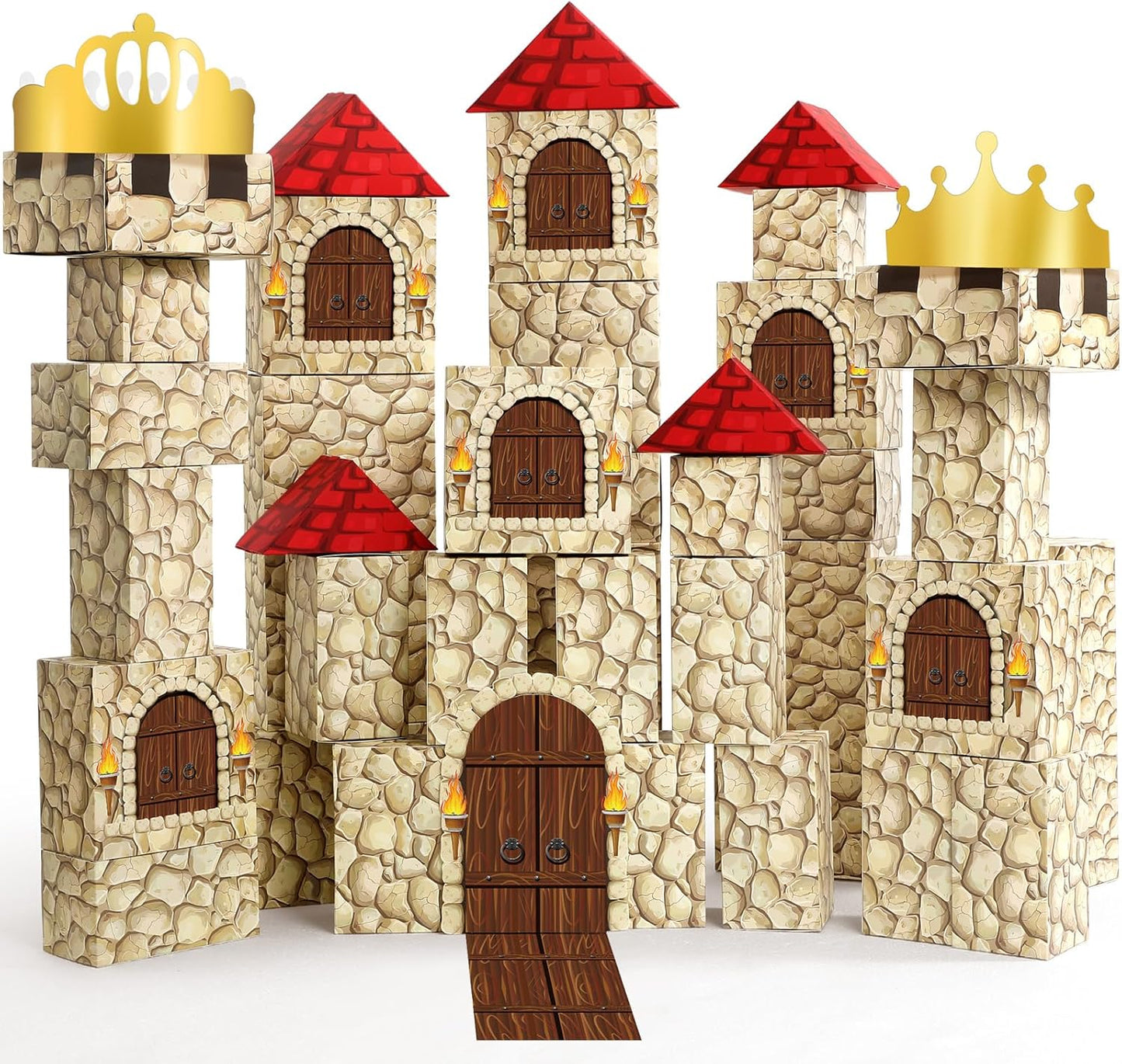 MotiMind 47 Pcs Jumbo Cardboard Castle Building Blocks New Year Gift DIY Building Blocks Large Stone Box Collapsible Reusable Jumbo Crown for Castle House Birthday Indoor Outdoor Party (Black)
