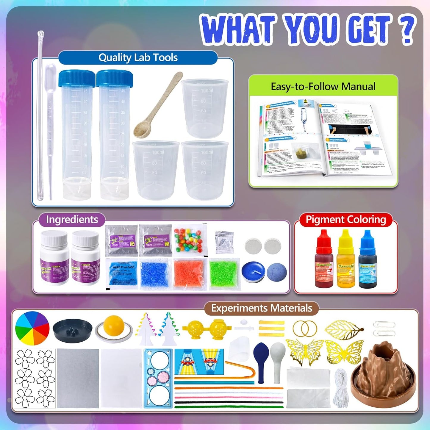PATIFEED 110 Science Experiments Kit for Kids, Educational Science Lab Chemistry Set, Birthday Toys Gifts for Boys Girls, Volcano Eruption, Crystal