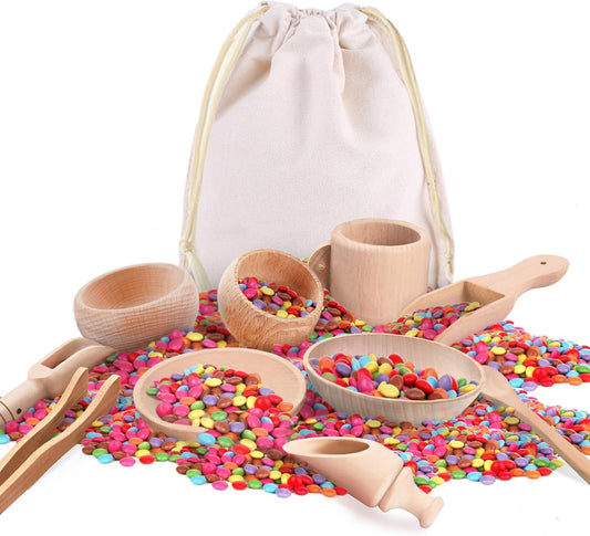 Montessori Sensory Bin Tools: 1 Wooden Box + 11 Sensory Tools for Toddlers & Preschool Children - Fine Motor Learning Pretend Play