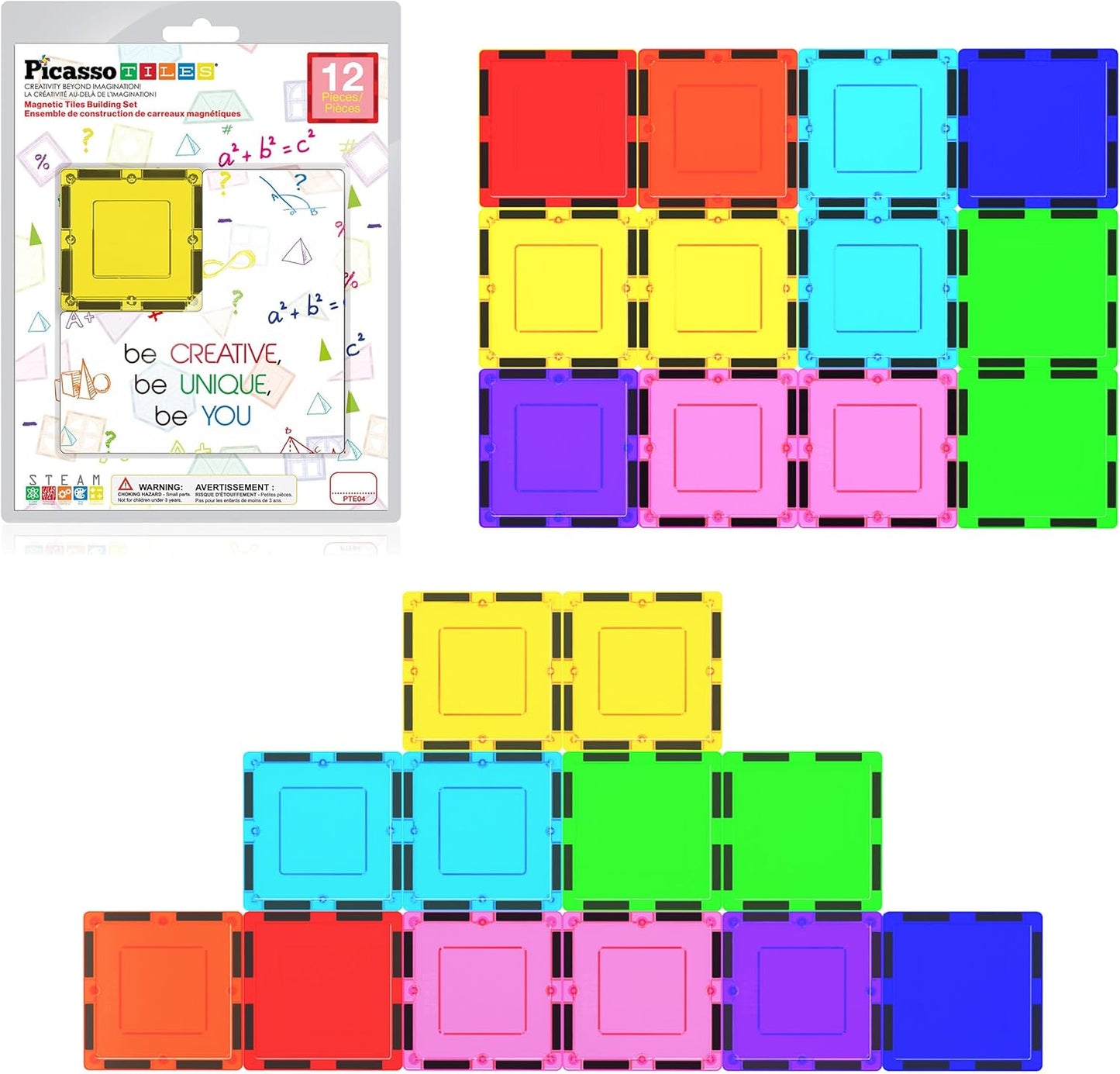PicassoTiles 4pcs Magnetic Building Block Large Square Shape Magnet Tiles Construction Toy STEM Learning Kit Educational Playset Playboard Pretend Play Stacking Blocks Child Brain Development PTE09