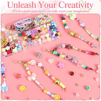 DEMIUKO DIY Bead Keychain Making Kit, 296PCS Beaded Bag Charm Making Kit with Colorful Beads Letter Alphabet Name Beads Flower Heart Jewelry Making Kit Bead Supplies Crafts Gifts
