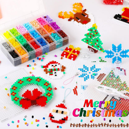 AUGSUN Christmas Fuse Beads Kit - 5100Pcs+ 24 Colors Crafting Melting Beads Set for Kids, 12 Styles Christmas Patterns 2Pcs 5mm Iron Beads Pegboards for DIY Craft Making