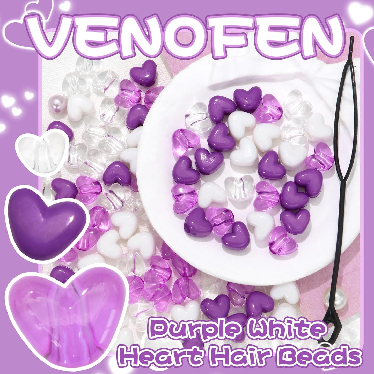 88PCS Pink White Hair Beads for Braids Lovely Heart Shape Loc Dreadlock Valentine's Day Bead Accessories Cute Acrylic Small Pony Beads for Kids Girls