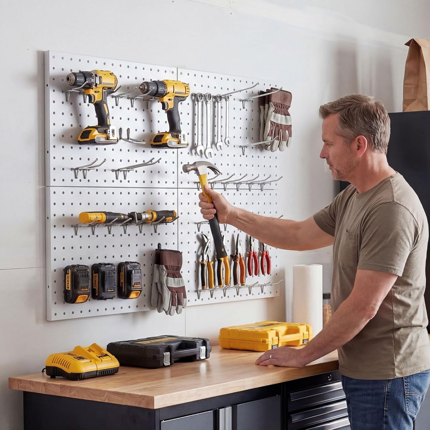 4 Pack Metal Pegboard Panels with 50 Hooks, Black Pegboard Wall Organizer, Pegboard Accessories, Heavy Duty Garage Tool Storage System for Workbench, Workshop, Office, Craft Room