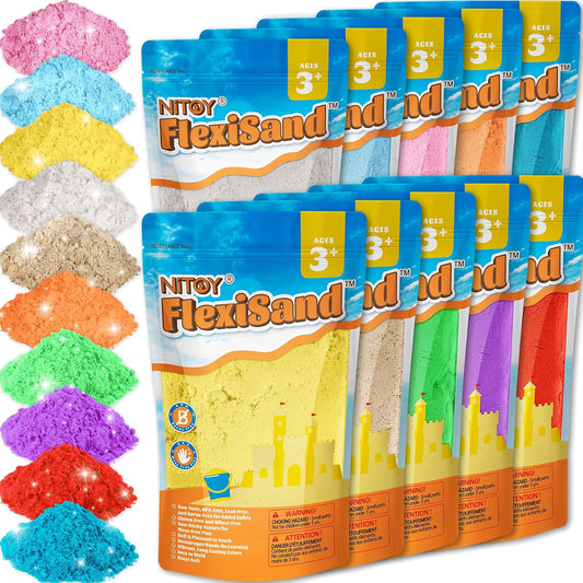 NiToy FlexiSand Value Pack 19lbs of 10 Colored Moldable Self-Sticking Sand, Never Dries Out-Fun for 3 Years and up Kids Bulk Refill for Sensory Sand Box Toys, Ideal for Shaping, Squeezing and Molding