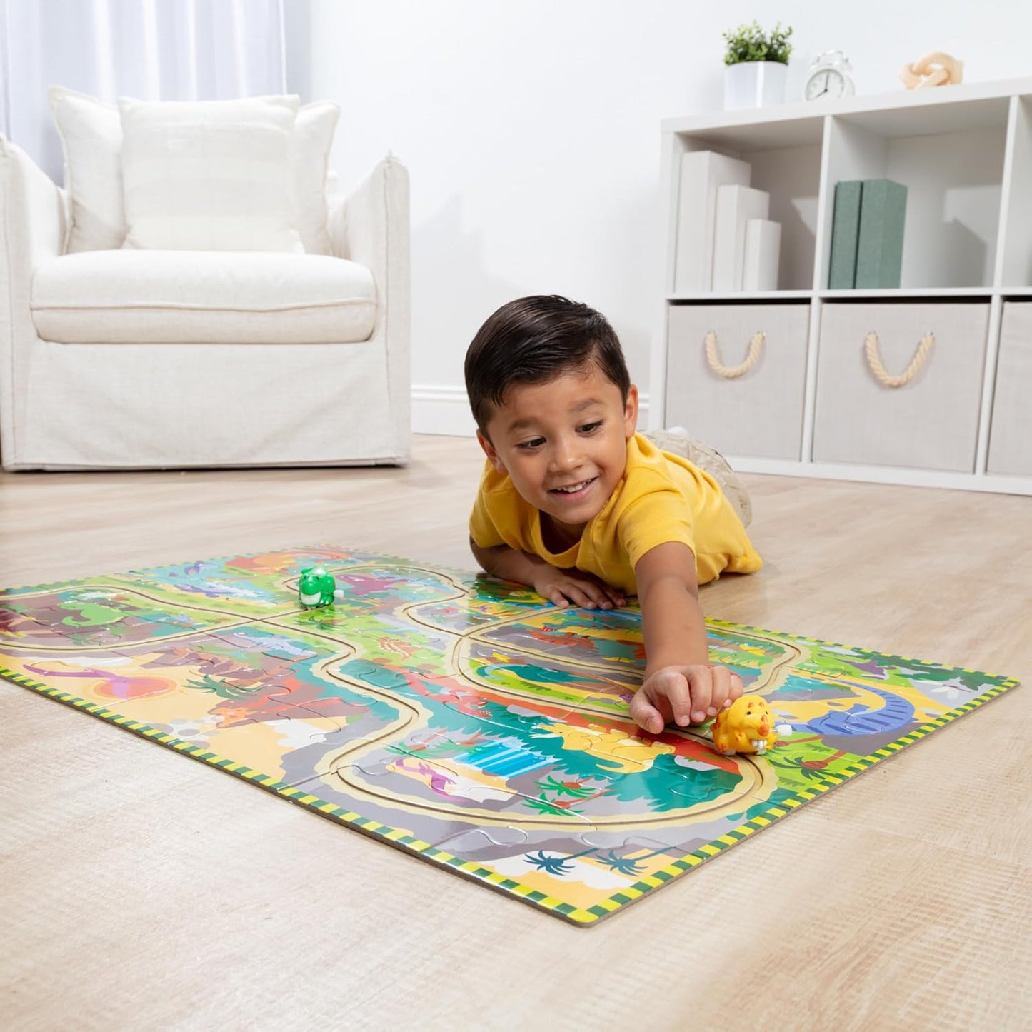 Melissa & Doug Dinosaur Adventure Tracks Cardboard Jigsaw Floor Puzzle and 2 Wind-Up Dinos – 48 Pieces, for Boys and Girls 3+