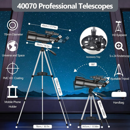 Telescope for Adult, 70mm Aperture 400mm Portable Telescope with Tripod, Finder Scope, Phone Adapter, Carrying Bag, Astronomical Refractors Telescopes for Kids Beginners Adults (White)