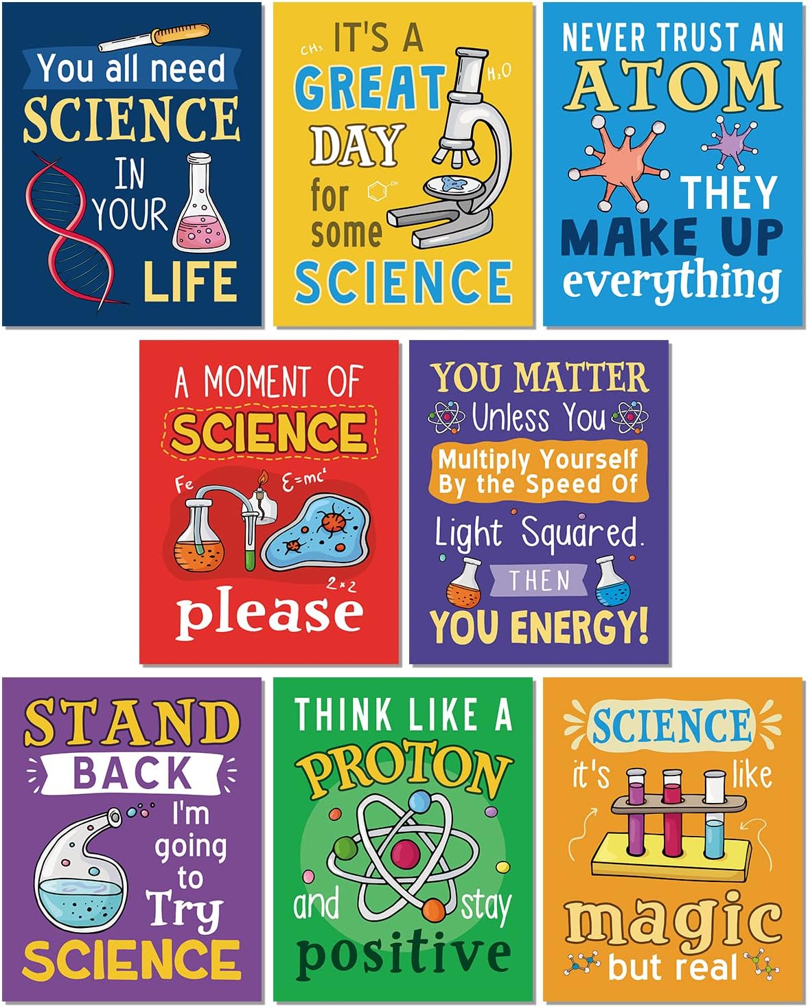 KAIRNE Science Classroom Posters,Positive Chemistry Poster Set of 8(8x10inch,unframed) Experiment Wall Art Positive Canvas Painting for Laboratory Kids Playroom Bedroom Classroom Bulletin Board Decor