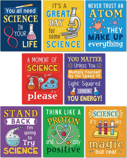 KAIRNE Science Classroom Posters,Positive Chemistry Poster Set of 8(8x10inch,unframed) Experiment Wall Art Positive Canvas Painting for Laboratory Kids Playroom Bedroom Classroom Bulletin Board Decor