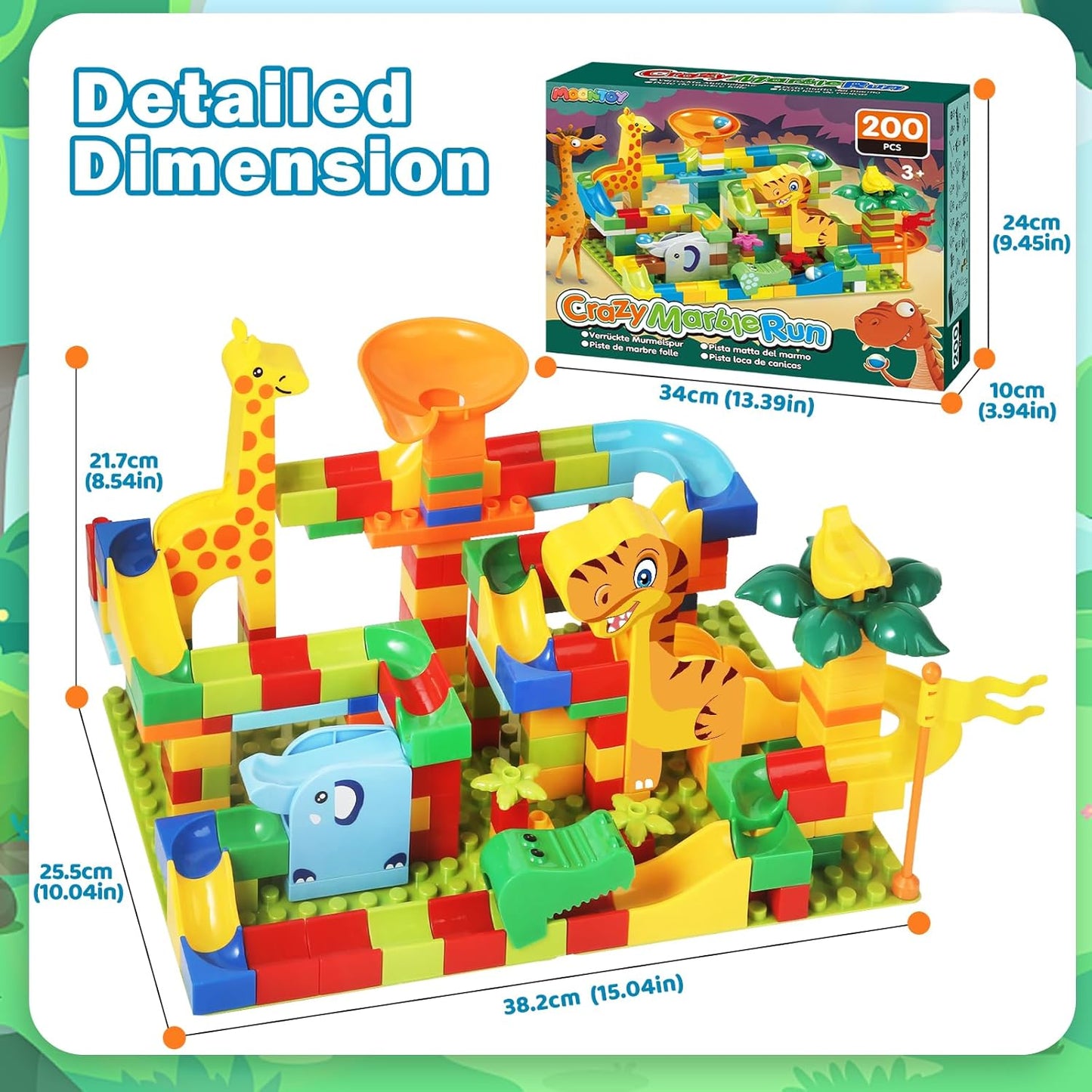 MOONTOY Dinosaur Marble Run 200PC Building Blocks - STEM Educational Toys for Kids Ages 3 4 5 6 7 8, Big Blocks Learning Set for Toddlers Boys & Girls, Gift for Christmas & Birthdays
