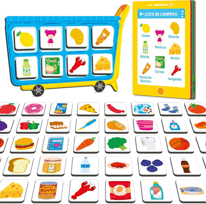 Magnetic Shopping List Game, Funny Spanish Groceries Matching Memory Game, Race to Collect Your Items Educational Toy for Boys & Girls at Home