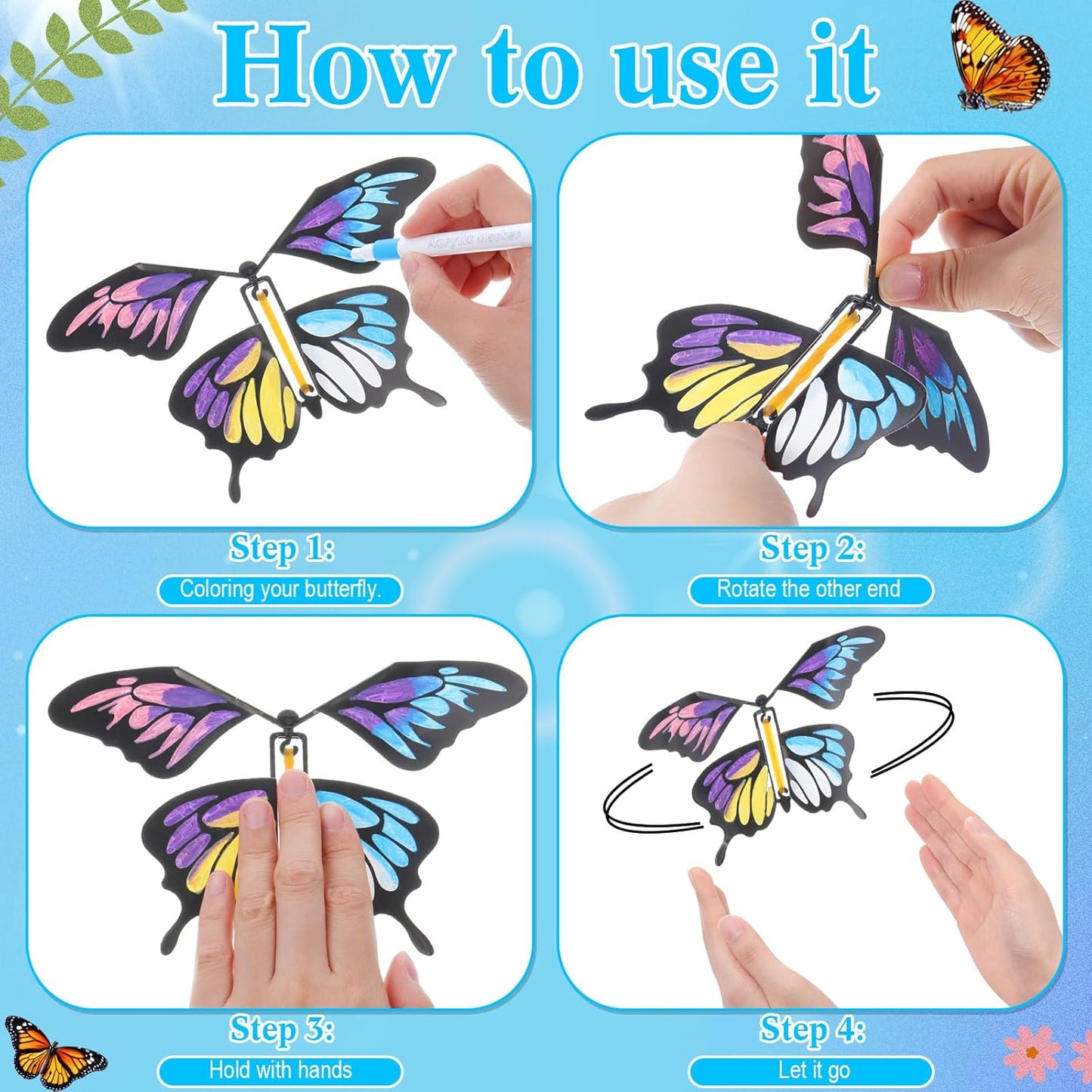 Seenelling 44 Pcs Flying Butterfly Craft Kit with 32 Wind up Butterflies and 12 Color Pens People Painting White Paper Butterflies DIY Toy for Party Game School Activity Birthday Gift (Style 3)