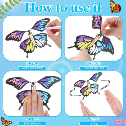 Seenelling 44 Pcs Flying Butterfly Craft Kit with 32 Wind up Butterflies and 12 Color Pens People Painting White Paper Butterflies DIY Toy for Party Game School Activity Birthday Gift (Style 3)