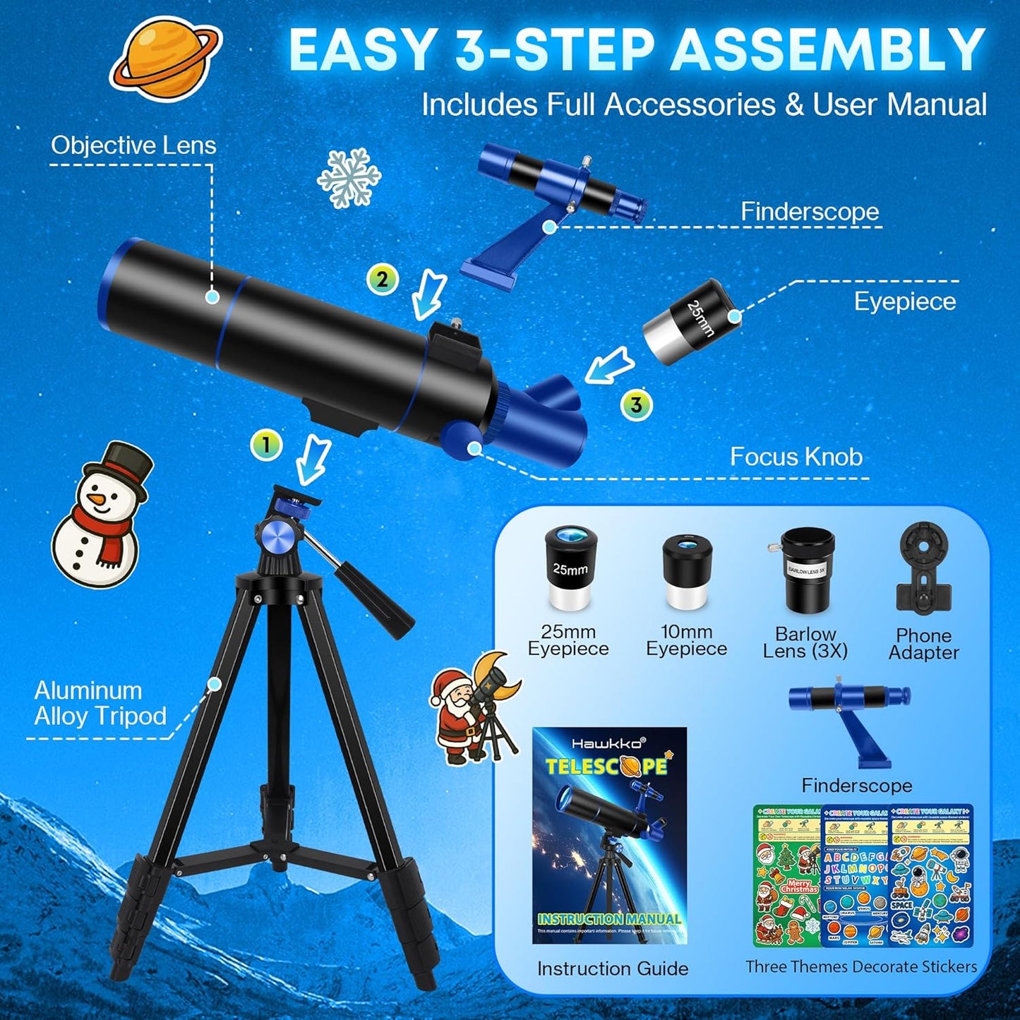 Hawkko Telescope for Adults & Kids – 80mm Aperture 500mm Telescopes for Adults Astronomy, (20X-150X) Portable Refractor Telescope Kit for Beginners with Decorate Stickers, AZ Tripod, Phone Adapter