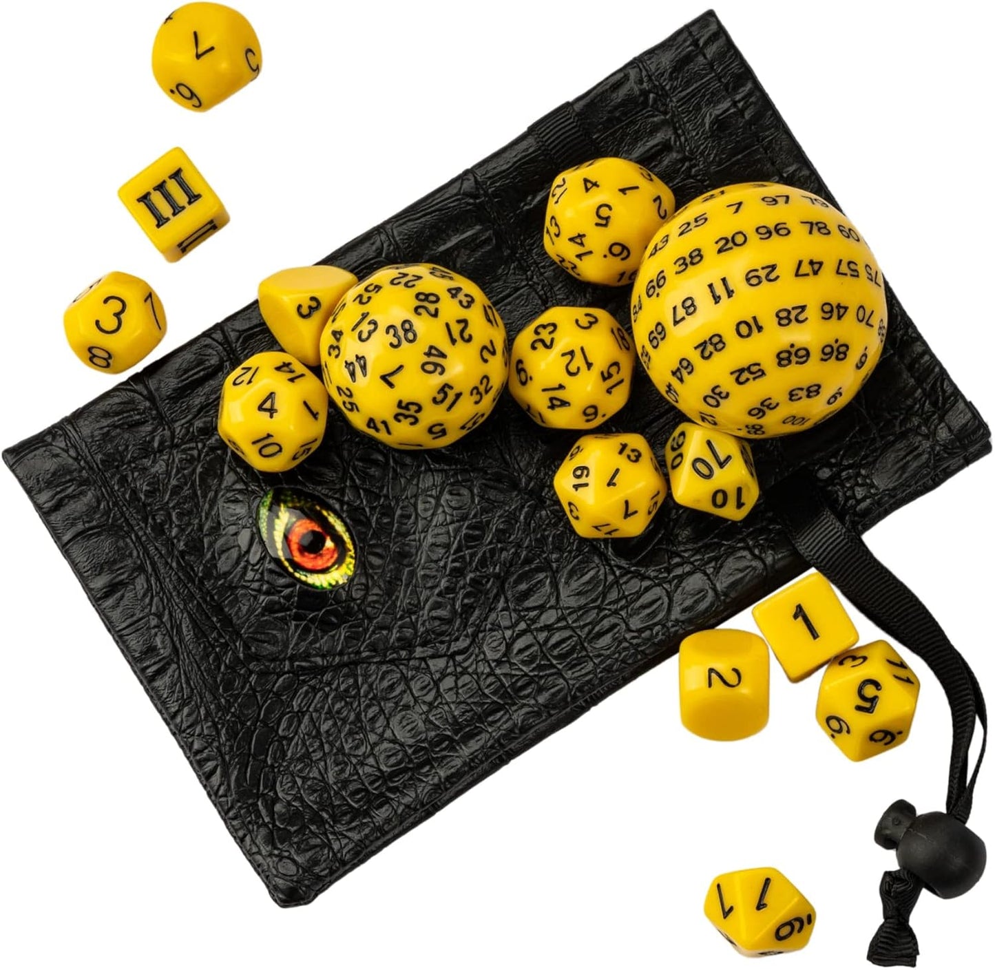 15 Pieces Complete Polyhedral DND Dice Set D3-D100 Spherical D&D Dice Set with Dragon Eye Dice Bag, D100 Dice for RPG Table Games(Black w/Purple Numbers)