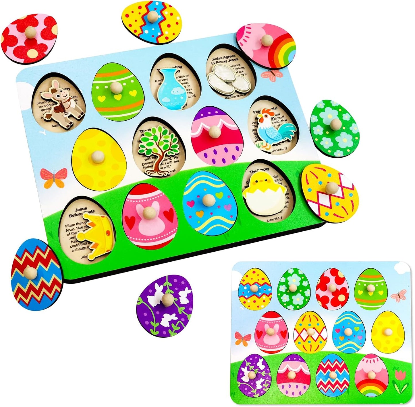 Fancy Land Easter Story Wooden Puzzle 12Pcs Religious Wood Eggs Peg Puzzle Set for Holy Week Christian Gifts Easter Basket Stuffers Sunday School Party Favor Church Activity Classroom Game Supplies