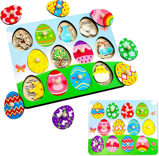 Fancy Land Easter Story Wooden Puzzle 12Pcs Religious Wood Eggs Peg Puzzle Set for Holy Week Christian Gifts Easter Basket Stuffers Sunday School Party Favor Church Activity Classroom Game Supplies