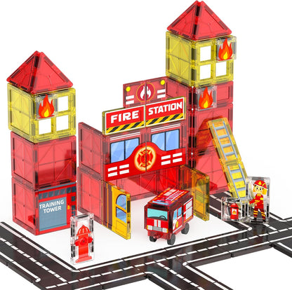 SKTMYY Magnetic Tiles Construction Toys with Road & Crane & Marble Run, Double-Sided Fire Station & Building Magnet Tiles for Kids Ages 4-8, STEM Magnetic Blocks Gifts for 3 4 5 6 7 8 Year Old Boys