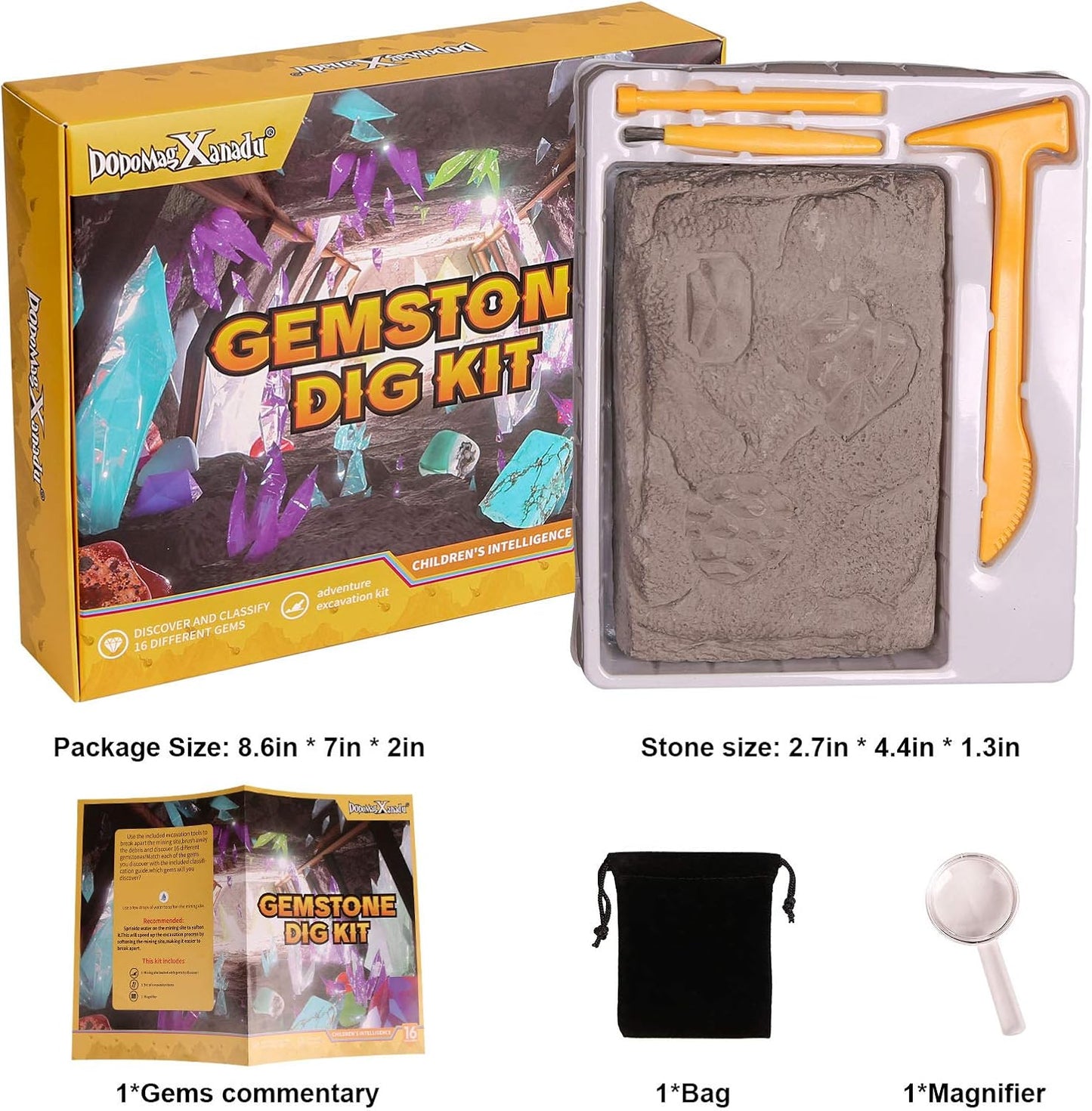 Gemstone Dig Kit, 16 Real Gem Stones and Crystals Excavation Kit, STEM Educational Toys Science Kit for Kids 5-7 8-12, Gem Digging Kit Rock Collection Stocking Stuffers Gifts for Boys Girls