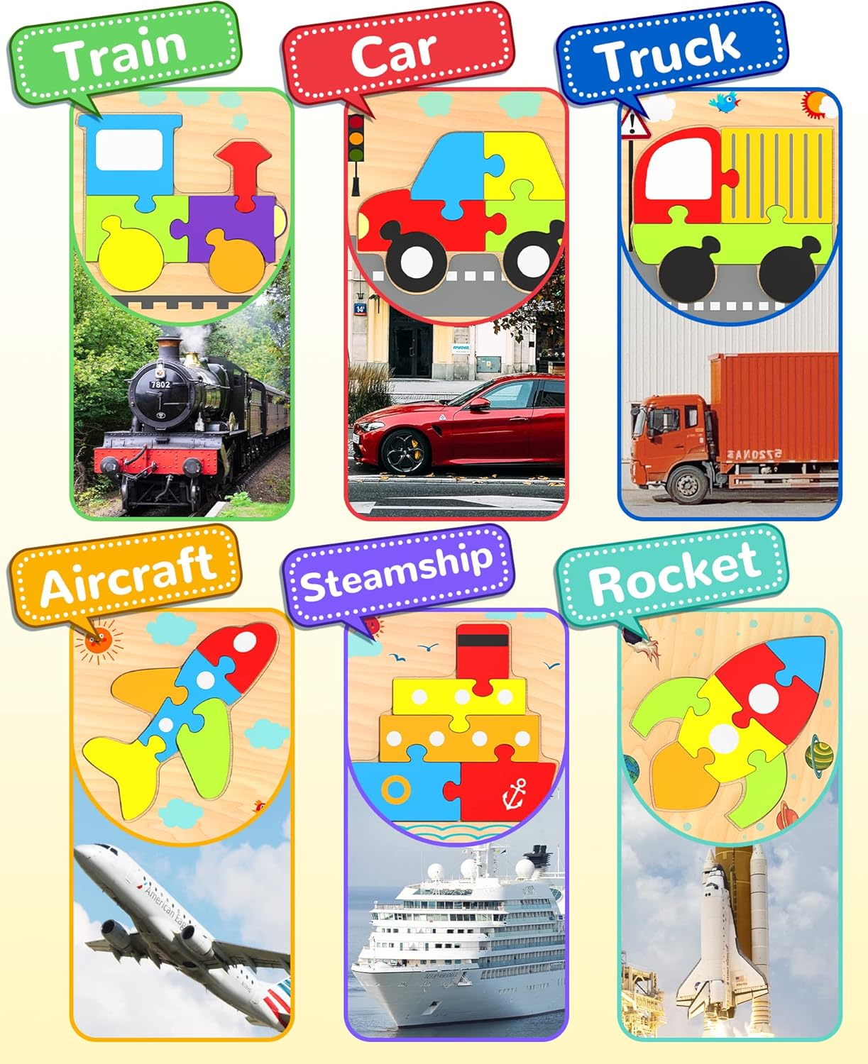 Yetonamr Wooden Toddler Puzzles Gifts Toys for 1 2 3 Years Old Boys Girls, 6 Vehicle Shape Montessori Toys Educational Blocks Kids Toys Gift Baby Learning Toy Age 1-3, 2-4