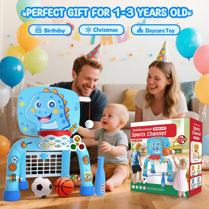 Toys for 1 Year Old Boy - Toddler Basketball Hoop & Soccer Goal & Baseball Activity Center with Light Sound Music, Puppy Montessori Sports Toy, Christmas Birthday Gift for Baby 12-18 Months, Yellow