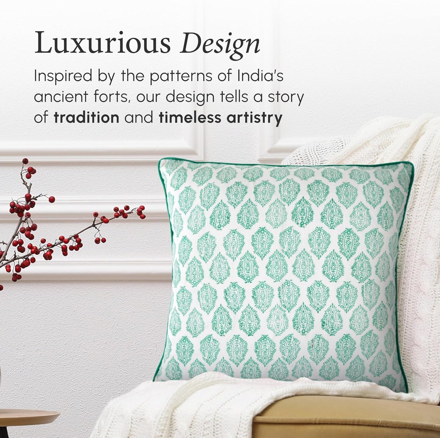 CPC 100% Cotton Throw Pillow Covers 18x18 Inch, Set of 2 Green Block Print Pattern Couch Pillow, Cute Boho Decorative Pillows for Living Room, Bedroom with Hidden Zipper- Agate Green