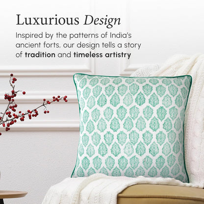 CPC 100% Cotton Throw Pillow Covers 18x18 Inch, Set of 2 Green Block Print Pattern Couch Pillow, Cute Boho Decorative Pillows for Living Room, Bedroom with Hidden Zipper- Agate Green