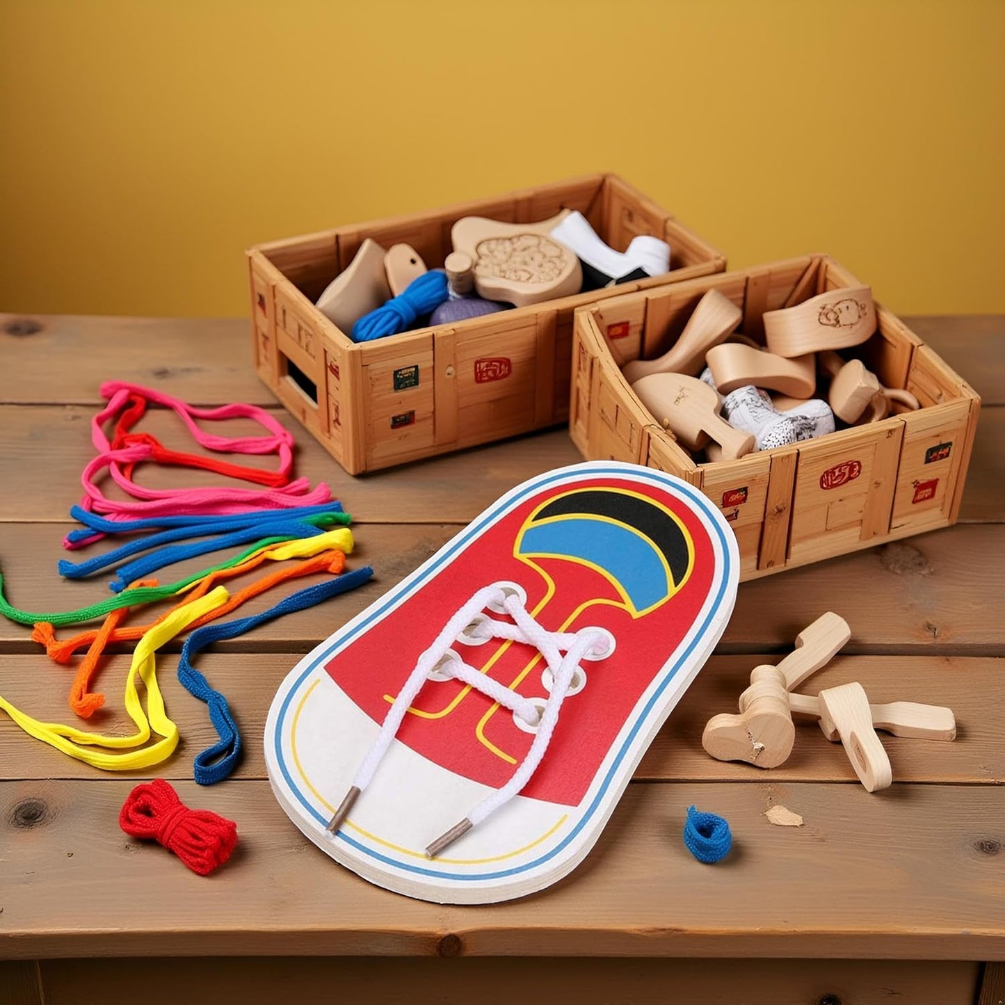 BWESOO Red Wooden Learn to Tie Your Own Shoes Threading Lacing Shoes Training Learning Kits Threading Lacing Training Board Learn To Tie Shoelaces