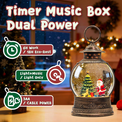 Christmas Snow Globes Lantern, Church and Christmas Tree Christmas Decorations Indoor, 6H Timer Battery & USB Powered Light Up Musical Snow Globes for Kids Women Adults Gift Thanksgiving Home Decor