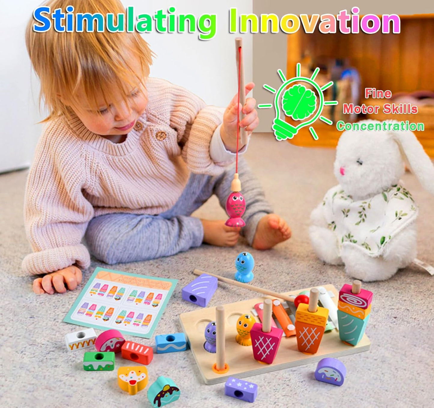 Wooden Montessori Toys for 3 Year Old，Shape Sorter Stacking Games, Fishing Games Preschool Learning Educational Toys for Boys Girls Toddlers (Little Bee)