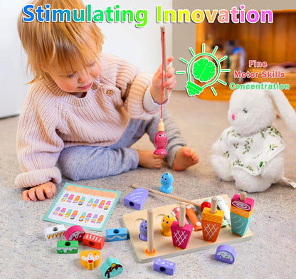 Wooden Montessori Toys for 3 Year Old，Shape Sorter Stacking Games, Fishing Games Preschool Learning Educational Toys for Boys Girls Toddlers (Little Bee)