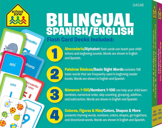 School Zone Preschool Spanish Bilingual 4-Pack Flash Cards: 224 Cards, Tarjetas de Índice Bilingües Español/Inglés, Alphabet, Sight Words,: Numbers 1-100, Colors & Shapes, Language Immersion, Ages 4+ (Spanish/English Edition)