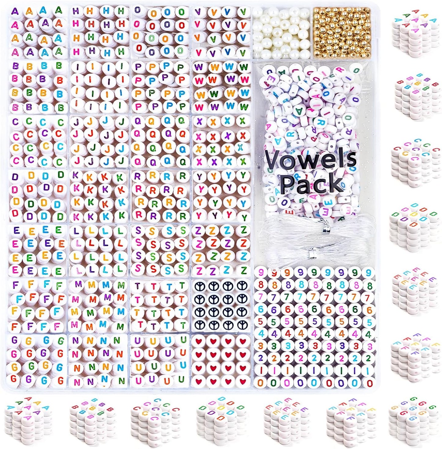 DoDoBeads 1270 Pcs Letter Beads Kit, White and Colorful Square Acrylic Alphabet Beads with Extra Vowels, Numbers & Spacers, Perfect for Friendship Bracelets