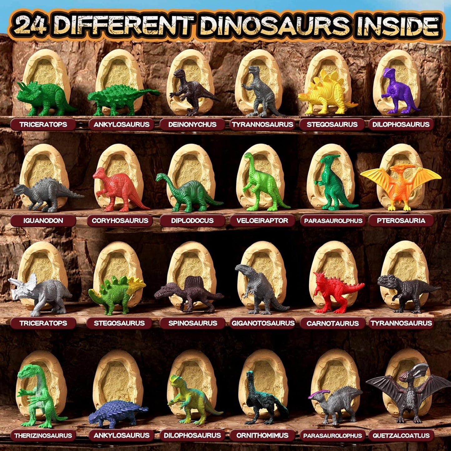24 Dinosaur Eggs Dig Kit Toys for Kids, Dinosaur Eggs Excavation Kit with Magnifier, Easter Basket Stuffers, Science STEM Birthday Party Favors Gifts for Boys Girls Age 3 4 5 6 7 8 9 10 + Years Old