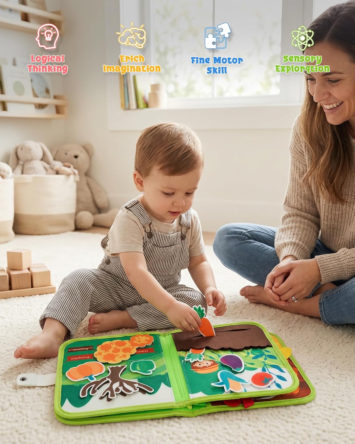 Montessori Busy Book for Toddlers, 8-Page Sensory Activity Book for Fine Motor Skills & Basic Dress Learning, Portable Travel Toy for Preschool Kids, Birthday Gift for Boys and Girls (Blue)