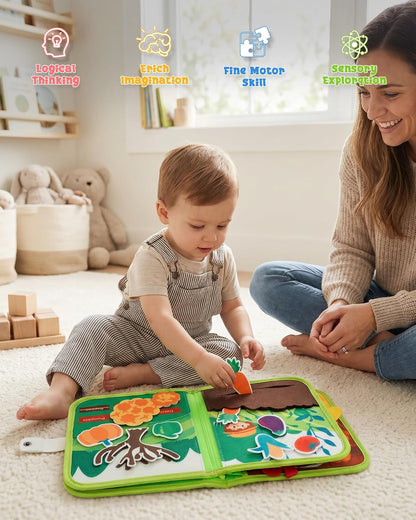 Montessori Busy Book for Toddlers, 8-Page Sensory Activity Book for Fine Motor Skills & Basic Dress Learning, Portable Travel Toy for Preschool Kids, Birthday Gift for Boys and Girls (Blue)