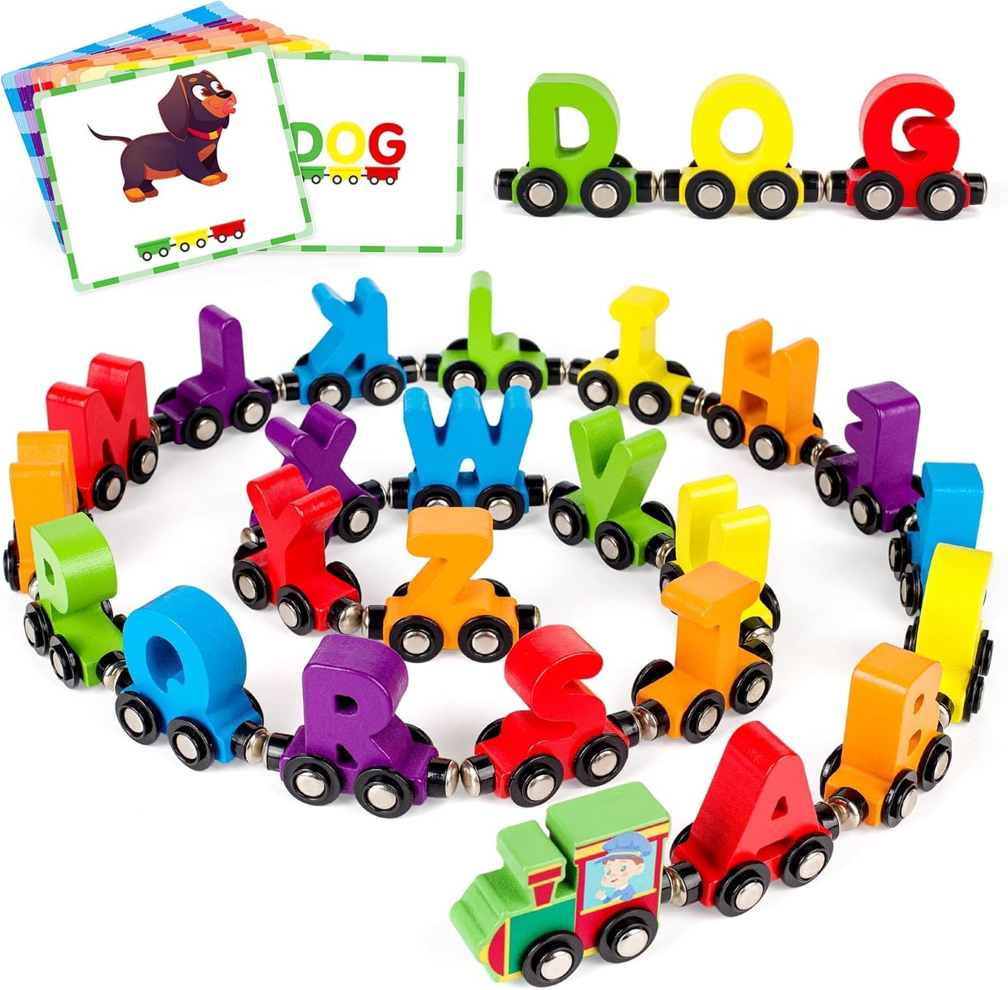 Vanmor Wooden Train Set for Toddlers - Snap-Connection Animal Trains, Magnetic Alphabet Train Learning Toys, STEM Preschool Toys, ABC and Animal Play Set for Kids Ages 3-5