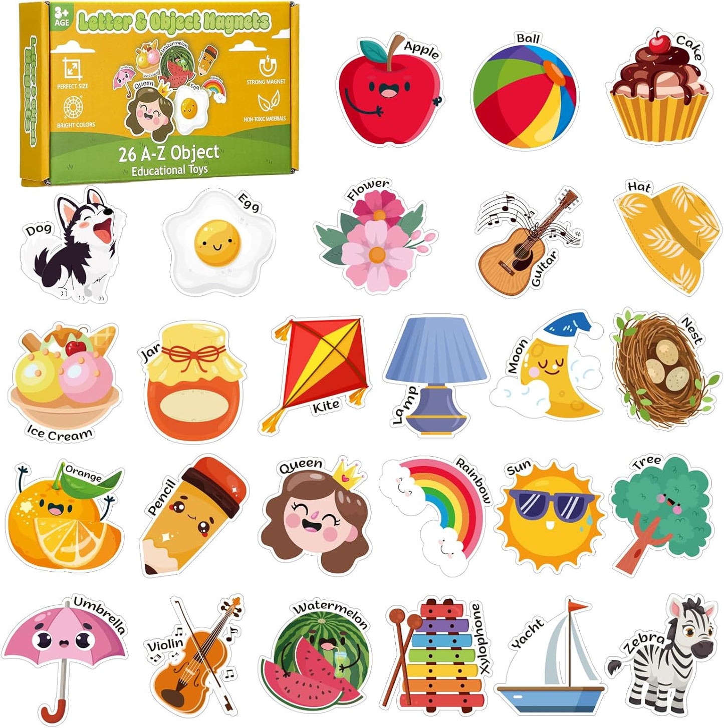 Thboxes 26 A-Z Objects Fridge Magnets for Toddlers,Large Size Colorful Refrigerator Magnets Magnetic Toys Cute Kids Learning Toys Preschool Educational Gifts for Kids Toddlers 3-5