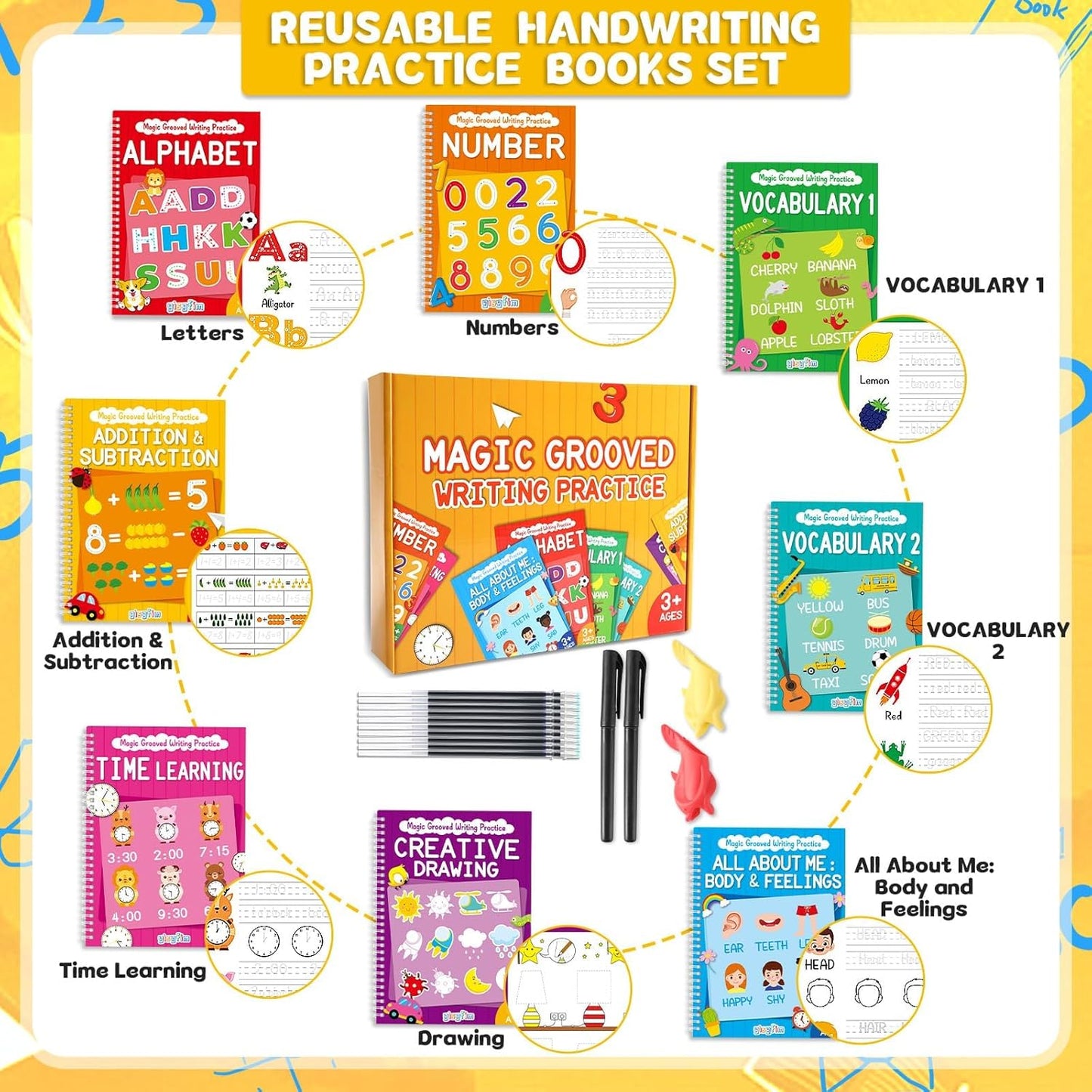 8 Pieces Magic Grooved Writing Practice Books Disappearing Ink Pens Reusable Groove Workbooks Tracing Handwriting Practice Without Tears for Kids Kindergarten Preschool Supplies,10.2 x 7.3inch