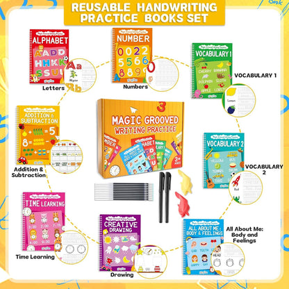 8 Pieces Magic Grooved Writing Practice Books Disappearing Ink Pens Reusable Groove Workbooks Tracing Handwriting Practice Without Tears for Kids Kindergarten Preschool Supplies,10.2 x 7.3inch