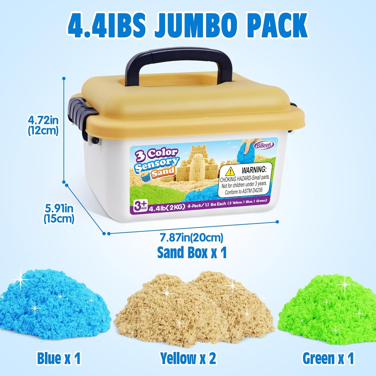 Billeeit 4.4 lbs Play Sand w/Storage Sand Box, 4-Pack(2 Yellow, 1 Blue, 1 Green) Sensory Bin Refill Sand for Shaping, Molding, Pressing, Scooping, Rolling, Self-Sticking Sand Sensory Toy for Kids 3+
