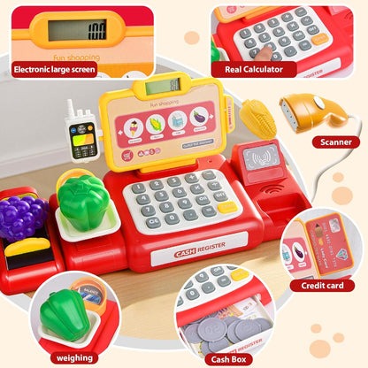 Cash Register Toy for Kids,Toddler Pretend Play Store with Real Calculator,Scanner,Play Food, Money & Credit Card,Supermarket Checkout Set, Math Skills Learning Toys,Birthday Gift for Boys Girls-Red