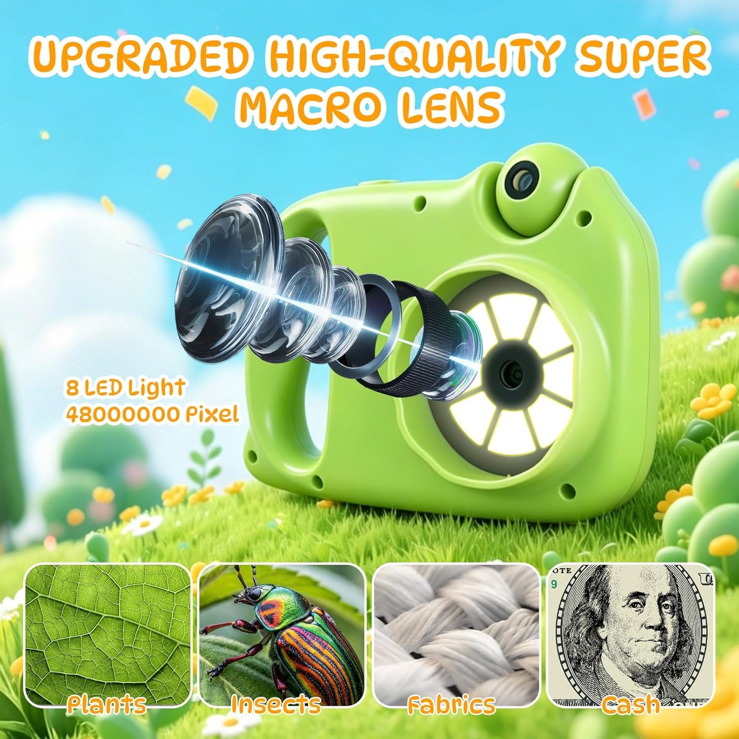 2 in 1 Kids Microscope & Camera, 1080p Hd Autofocus Digital Microscope, 48mp 1000x Magnification Handheld, Stem Educational Toy with 32gb Sd Card, Birthday for 3-12 Boys Girls (Yellow)