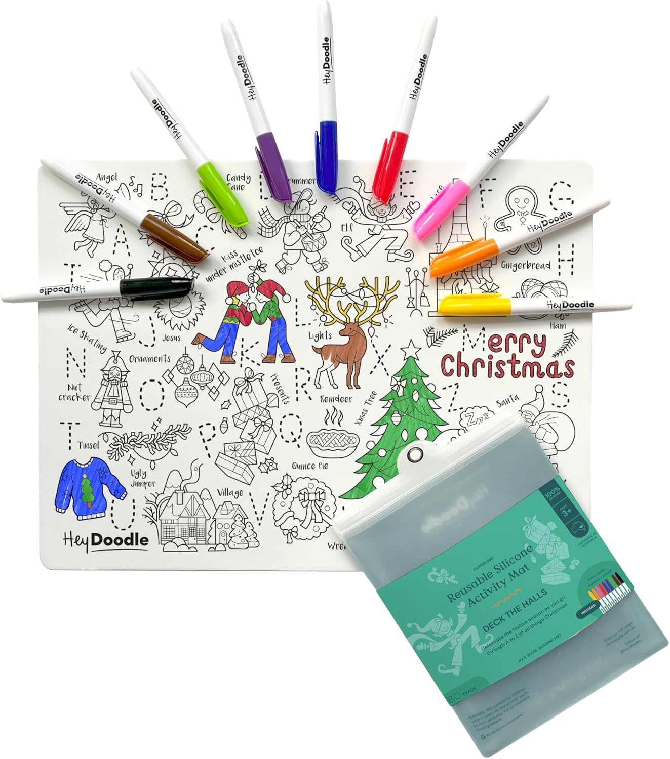 HeyDoodle Into The Wild Classic Doodle Mat – Reusable Silicone Alphabet Coloring Mat for Toddlers and Kids – Educational Animal Activity Pad with 9 Markers – Mess-Free Travel Toy – Ages 3-7
