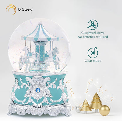 Carousel Music Box Gold & Ivory Christmas Snow Globes, 8.3" Rotate Carousel Snow Globe for Kids & Adults, Classic Wind up Musical Snow Globe Birthday Gifts for Women Girls, Carousel Horse Home Decor