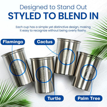 bzyoo 5-Piece Nesting Camping Cups Set - 9oz Stackable Stainless Steel Mugs with Patterned Designs & Integrated Carry Hook, Space-Saving Portable Outdoor Mess Kit for Family Hiking, Backpacking & RV