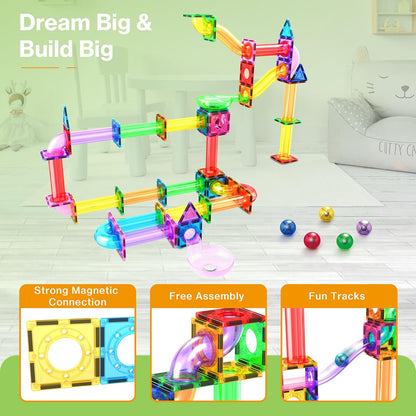 PicassoTiles 50pcs Magnetic Tiles Marble Run for Kids Race Track Toy Marble Maze Sensory Toys for Toddlers STEM Educational Set Magnet Building Blocks Construction Building Tiles Boys Girls 3+ PTG50