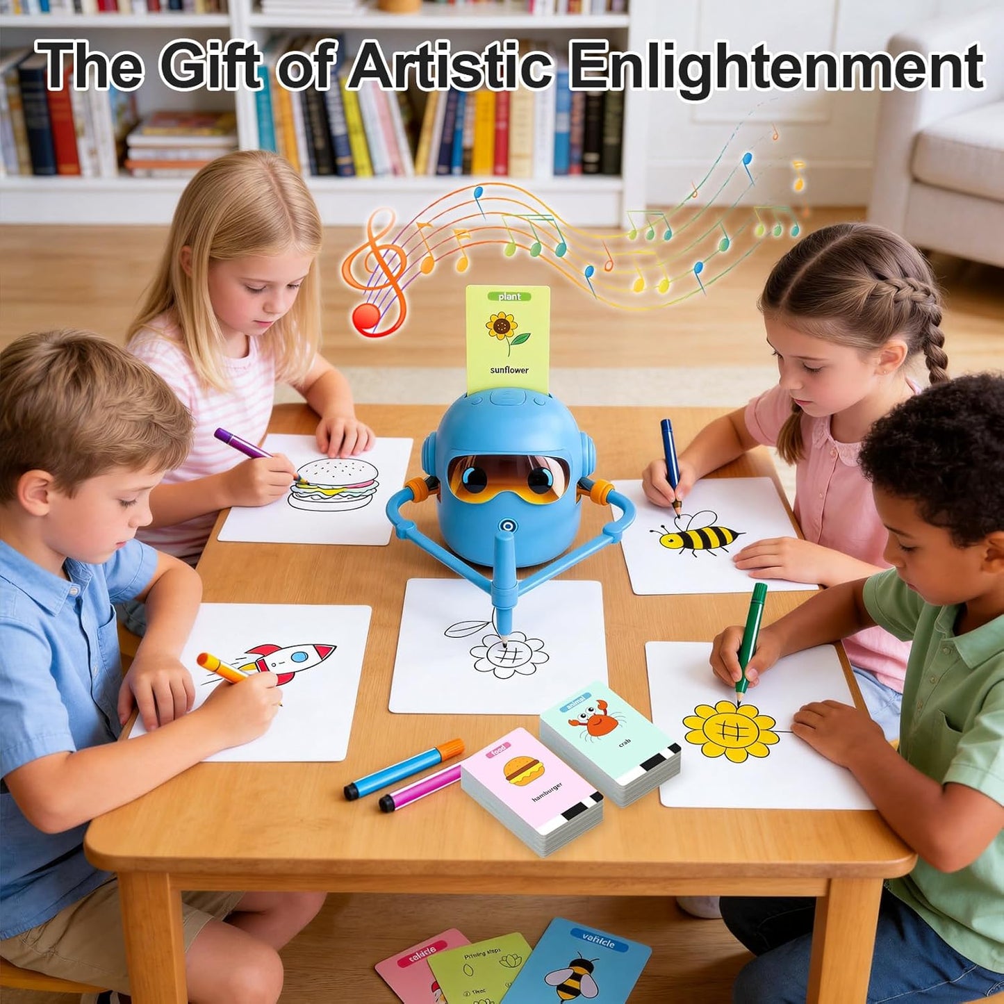 Drawing Robot for Kids, Interactive Educational Drawing Robot with 100 Word Cards, 12 Color Pens & Voice Interaction, Drawing Machine Present for 3 4 5 6 7 8 Year Old Boys Girls, Birthday Party